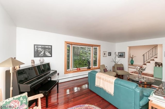 23 Horizon Dr, Roxbury Twp, NJ 07876 - living area featuring a baseboard heating unit, dark wood-type flooring, and stairs