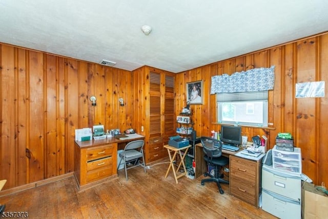 office space featuring wood finished floors and wood walls