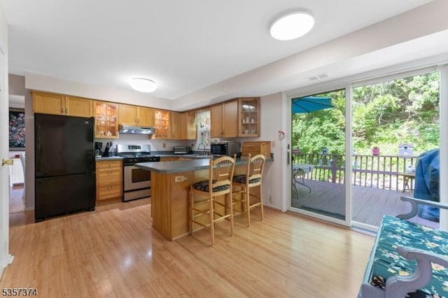 39 Circle Dr, Rockaway Twp, NJ 07866 - kitchen featuring freestanding refrigerator, stainless steel range with gas stovetop, under cabinet range hood, and light wood finished floors