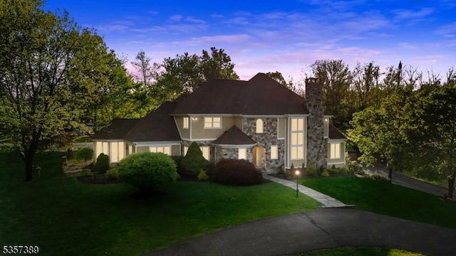 6 Wintermute Farm Ln, Tewksbury Twp, NJ 08833 - traditional home featuring a chimney, a front lawn, and stone siding
