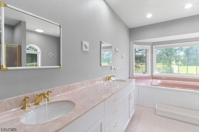 6 Wintermute Farm Ln, Tewksbury Twp, NJ 08833 - full bathroom featuring a bath, double vanity, tile patterned flooring, and recessed lighting