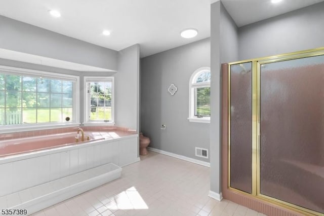 6 Wintermute Farm Ln, Tewksbury Twp, NJ 08833 - bathroom with a stall shower, tile patterned flooring, toilet, a garden tub, and baseboards