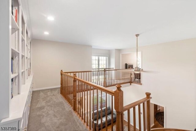 6 Wintermute Farm Ln, Tewksbury Twp, NJ 08833 - hall with an upstairs landing, light carpet, baseboards, and recessed lighting