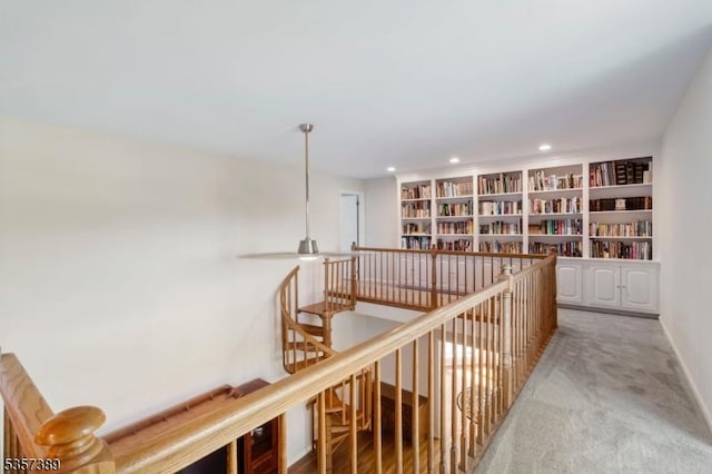 6 Wintermute Farm Ln, Tewksbury Twp, NJ 08833 - hallway with carpet flooring, recessed lighting, an upstairs landing, baseboards, and built in shelves