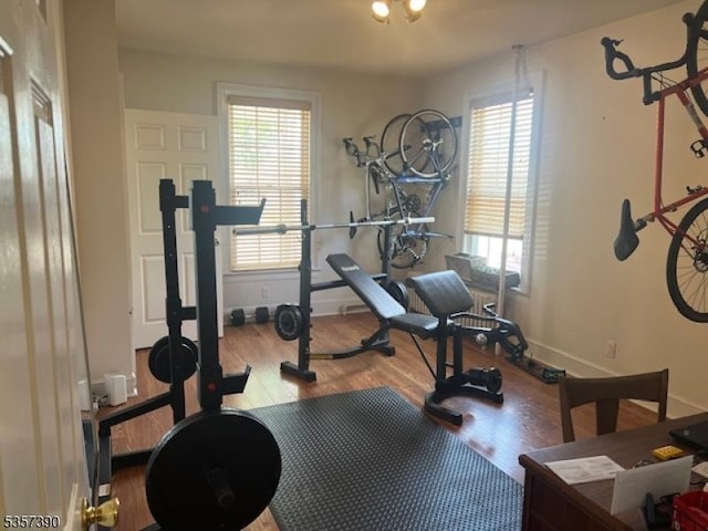 workout area with wood finished floors, healthy amount of natural light, and baseboards