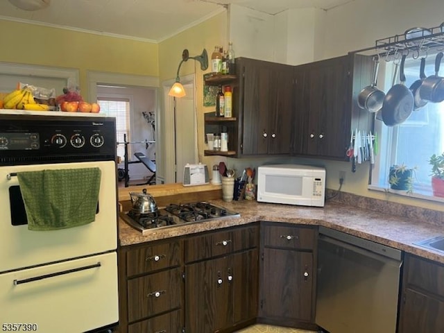 kitchen with stainless steel appliances, dark brown cabinets, a warming drawer, ornamental molding, and open shelves