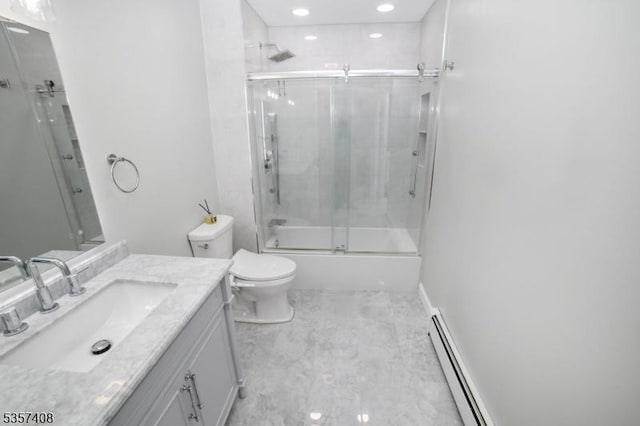 bathroom featuring vanity, toilet, combined bath / shower with glass door, recessed lighting, and baseboard heating