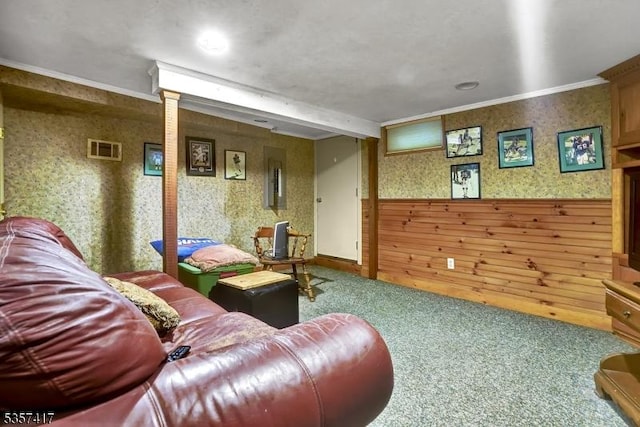 2 Troll Ln, Rockaway Twp, NJ 07866 - living area featuring carpet floors, a wainscoted wall, crown molding, wallpapered walls, and wood walls