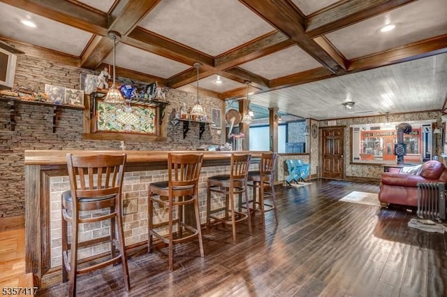 2 Troll Ln, Rockaway Twp, NJ 07866 - bar area with hardwood / wood-style flooring, beamed ceiling, and coffered ceiling