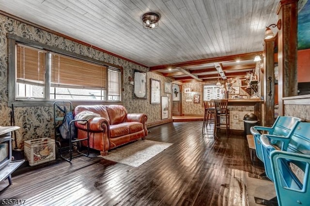 2 Troll Ln, Rockaway Twp, NJ 07866 - living room with wallpapered walls, hardwood / wood-style floors, plenty of natural light, and wood ceiling