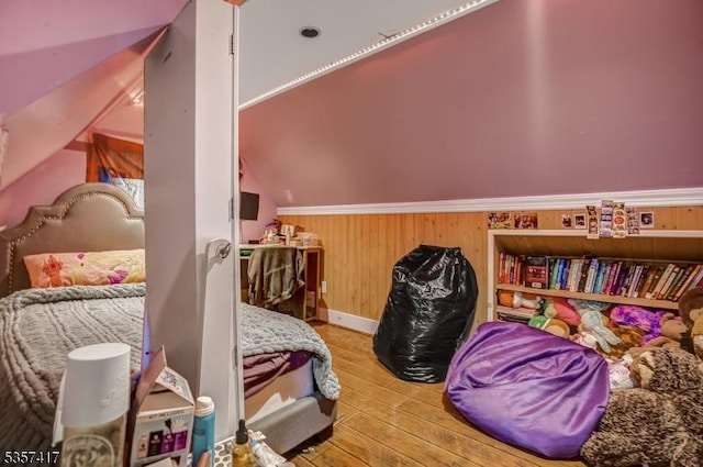 2 Troll Ln, Rockaway Twp, NJ 07866 - bedroom with wood finished floors, vaulted ceiling, and wood walls