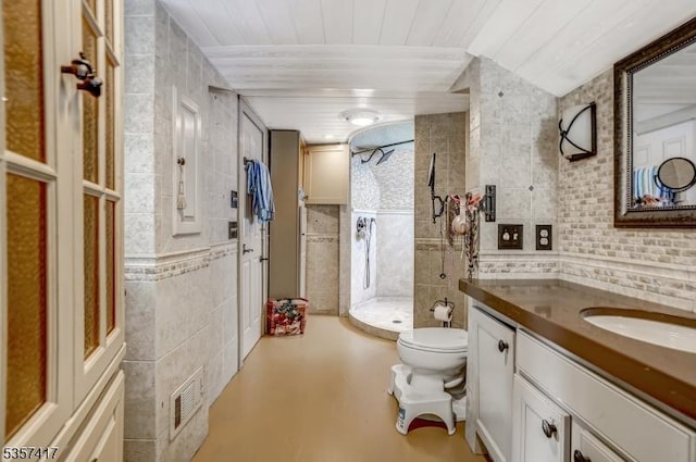 2 Troll Ln, Rockaway Twp, NJ 07866 - full bathroom featuring tile walls, toilet, vanity, a tile shower, and wood ceiling