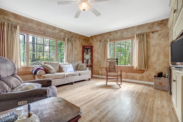 2 Troll Ln, Rockaway Twp, NJ 07866 - living room featuring light wood-style floors, plenty of natural light, baseboards, a ceiling fan, and wallpapered walls