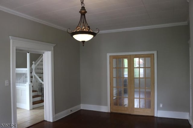 94 Lembeck Ave, Jersey City, NJ 07305 - unfurnished room featuring french doors, baseboards, crown molding, stairs, and wood finished floors