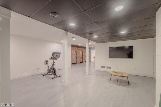 24 Covered Bridge Rd, Branchburg Twp, NJ 08853 - workout room featuring baseboards, recessed lighting, a drop ceiling, and wood finished floors