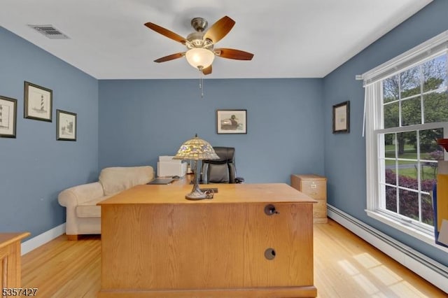 19 Bennington Dr, Mount Olive Twp, NJ 07836 - home office with a baseboard heating unit, light wood-type flooring, ceiling fan, and baseboards