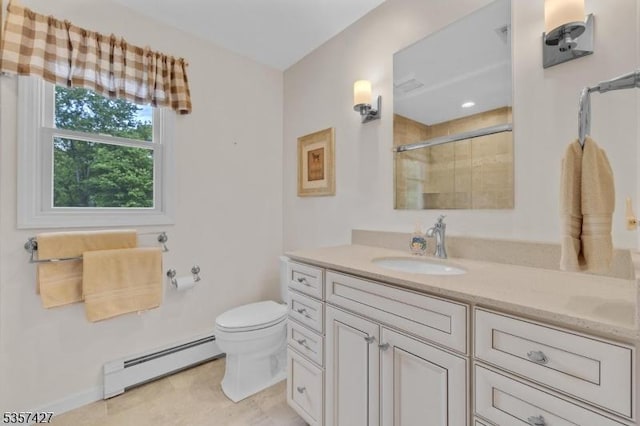 19 Bennington Dr, Mount Olive Twp, NJ 07836 - full bath with a baseboard heating unit, vanity, toilet, a tile shower, and baseboards