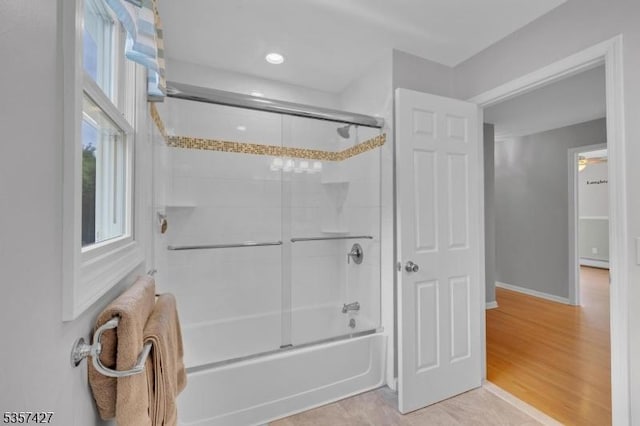 19 Bennington Dr, Mount Olive Twp, NJ 07836 - full bathroom featuring combined bath / shower with glass door, wood finished floors, baseboards, a baseboard radiator, and recessed lighting