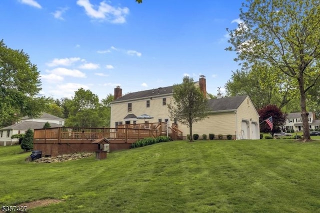 19 Bennington Dr, Mount Olive Twp, NJ 07836 - rear view of house with a lawn, a wooden deck, a chimney, and an attached garage
