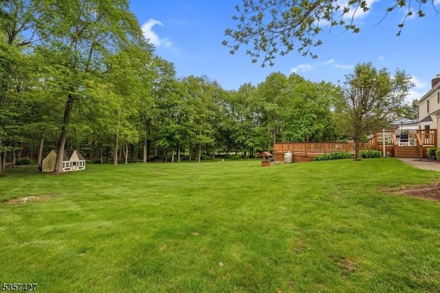 19 Bennington Dr, Mount Olive Twp, NJ 07836 - view of green lawn with a deck and an outbuilding