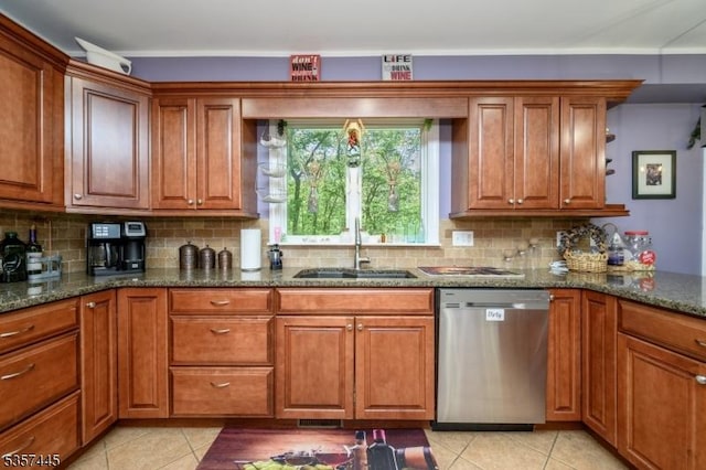 49 Sliker Rd, Lebanon Twp, NJ 08826 - kitchen with stainless steel dishwasher, a sink, light tile patterned flooring, and brown cabinets