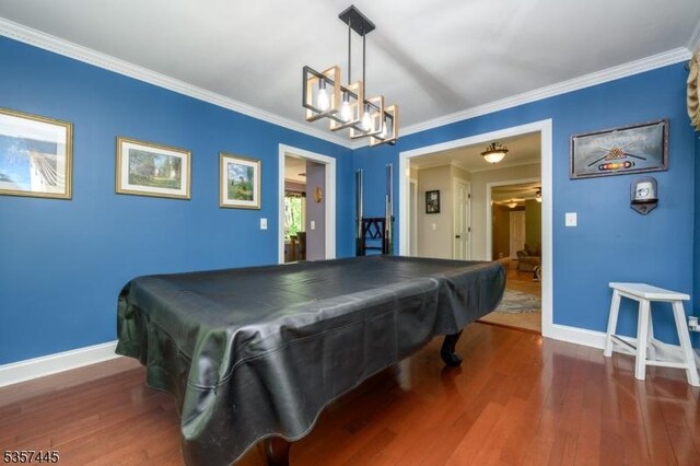 49 Sliker Rd, Lebanon Twp, NJ 08826 - rec room with billiards table, wood finished floors, baseboards, ornamental molding, and a chandelier