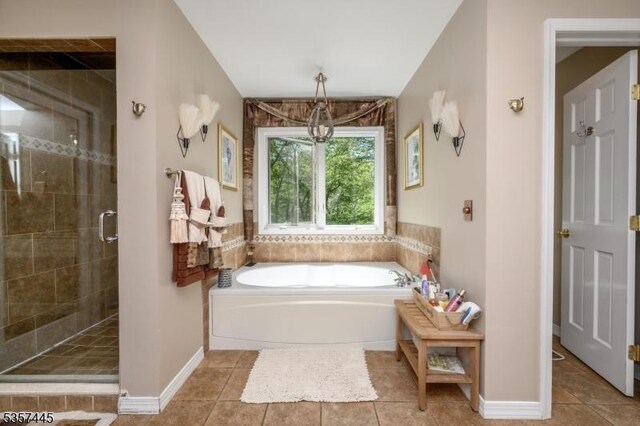49 Sliker Rd, Lebanon Twp, NJ 08826 - bathroom with tile patterned floors, a shower stall, a garden tub, and baseboards