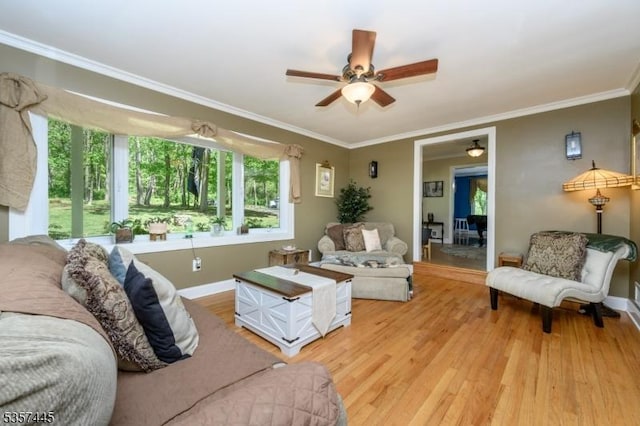 49 Sliker Rd, Lebanon Twp, NJ 08826 - living room featuring ceiling fan, light wood-style flooring, crown molding, and baseboards