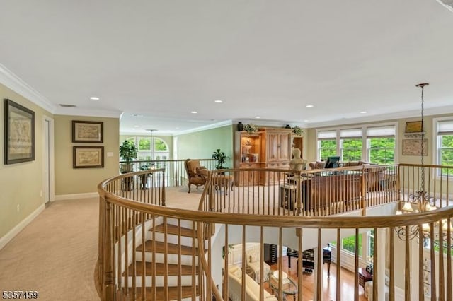 9 Corda Ln, Warren Twp, NJ 07059 - hallway featuring an upstairs landing, light carpet, crown molding, baseboards, and recessed lighting
