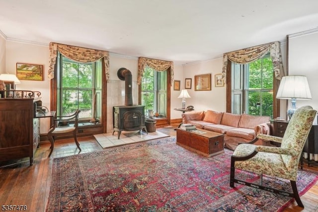 19 E Mill Rd, Washington Twp, NJ 07853 - living room with wood-type flooring, ornamental molding, and a wood stove