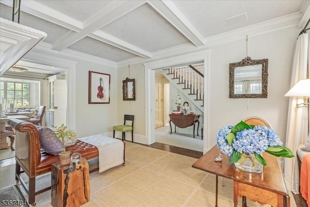 167 Lake End Rd, Rockaway Twp, NJ 07435 - living area featuring stairway, beamed ceiling, coffered ceiling, crown molding, and light wood finished floors