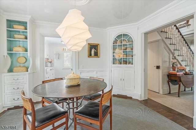 167 Lake End Rd, Rockaway Twp, NJ 07435 - dining room featuring stairway, crown molding, wood finished floors, and built in features