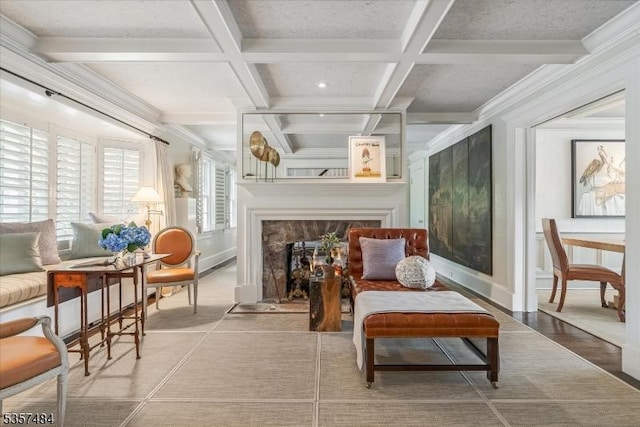 167 Lake End Rd, Rockaway Twp, NJ 07435 - living area featuring coffered ceiling, a fireplace, and beamed ceiling