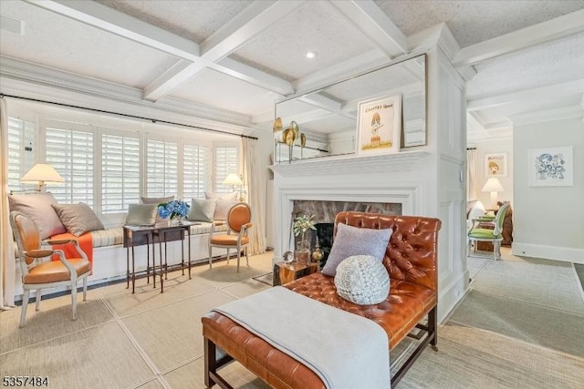 167 Lake End Rd, Rockaway Twp, NJ 07435 - living area with coffered ceiling, beamed ceiling, a fireplace, ornamental molding, and baseboards