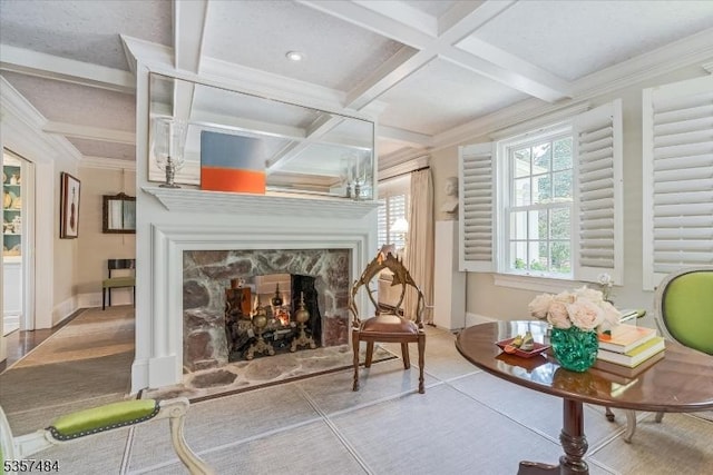 167 Lake End Rd, Rockaway Twp, NJ 07435 - living area featuring coffered ceiling, a lit fireplace, beamed ceiling, baseboards, and crown molding