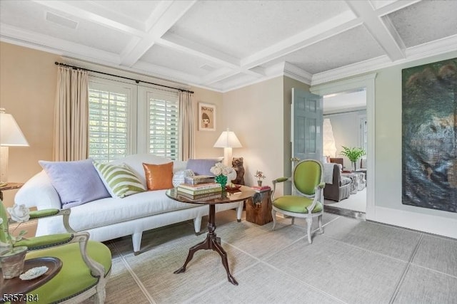 167 Lake End Rd, Rockaway Twp, NJ 07435 - living room featuring coffered ceiling and beam ceiling