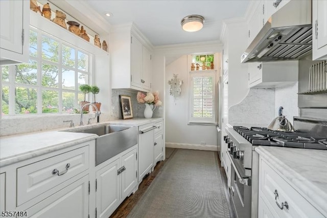 167 Lake End Rd, Rockaway Twp, NJ 07435 - kitchen featuring high end stainless steel range oven, under cabinet range hood, a sink, light countertops, and white cabinets
