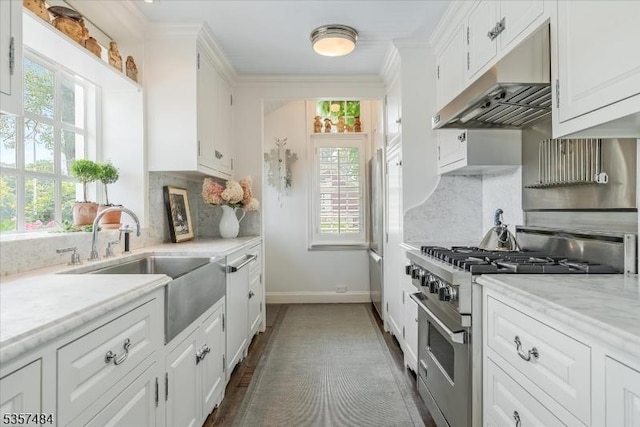 167 Lake End Rd, Rockaway Twp, NJ 07435 - kitchen with high end stainless steel range oven, under cabinet range hood, a sink, decorative backsplash, and white cabinets