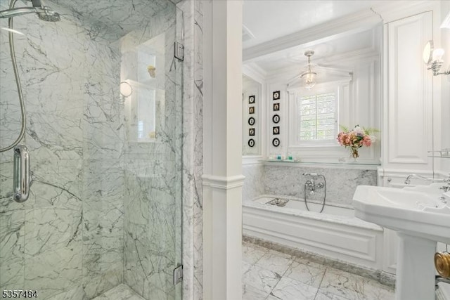 167 Lake End Rd, Rockaway Twp, NJ 07435 - full bath featuring a bath, a marble finish shower, ornamental molding, a sink, and marble finish floors