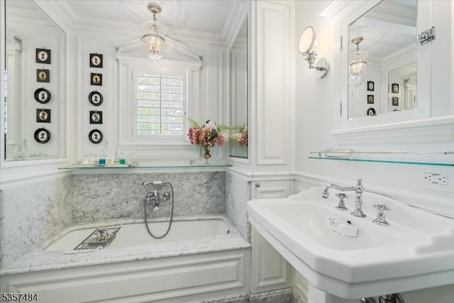167 Lake End Rd, Rockaway Twp, NJ 07435 - full bath featuring a bath, ornamental molding, and a sink