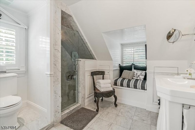 167 Lake End Rd, Rockaway Twp, NJ 07435 - full bathroom featuring marble look tiles, toilet, a stall shower, and healthy amount of natural light