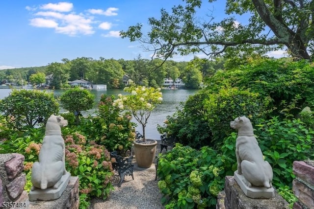 view of patio with a water view and a wooded view