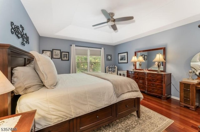 15 Pinehurst Cir, Clinton Twp, NJ 08801 - bedroom with a raised ceiling, wood finished floors, a ceiling fan, and baseboards
