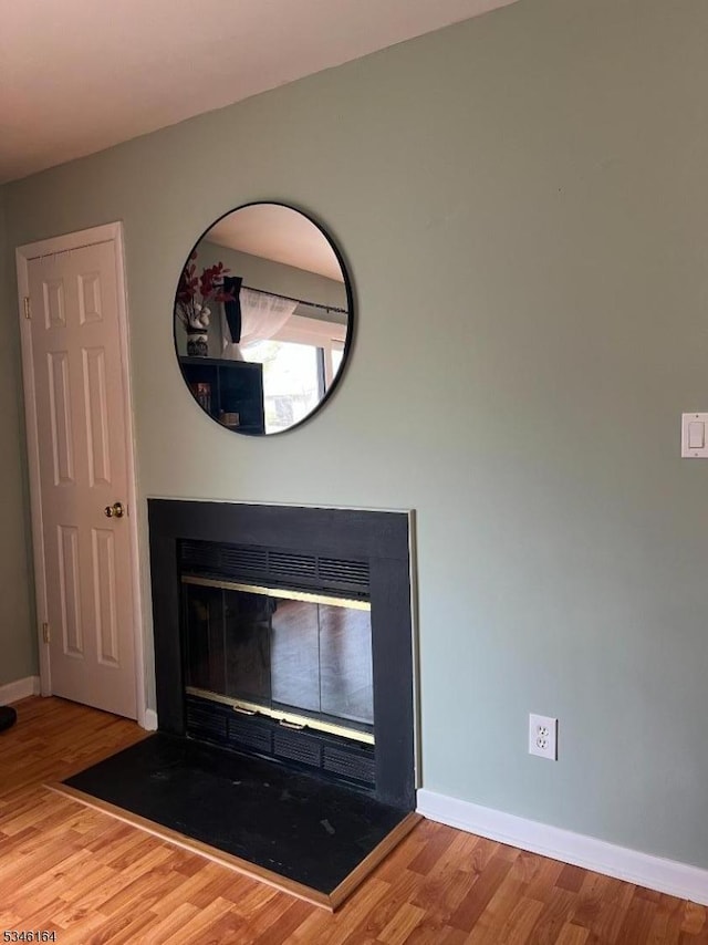 detailed view of a glass covered fireplace, wood finished floors, and baseboards