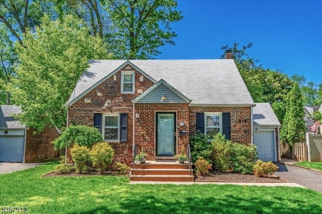 tudor house with asphalt driveway, brick siding, a chimney, and an attached garage