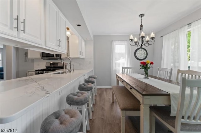 kitchen featuring stainless steel appliances, light wood-style flooring, a sink, a chandelier, and plenty of natural light