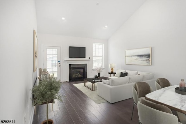 48 Eastwood Ter, East Hanover Twp, NJ 07936 - living room with high vaulted ceiling, plenty of natural light, a fireplace with flush hearth, and dark wood-style floors