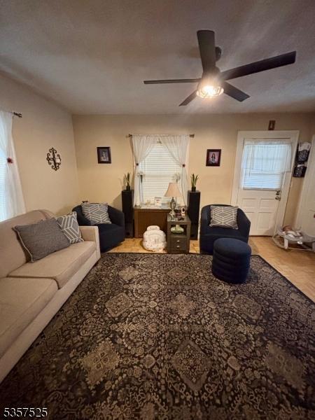 18 Park Dr N, West Orange Twp, NJ 07052 - living room featuring plenty of natural light, ceiling fan, and wood finished floors