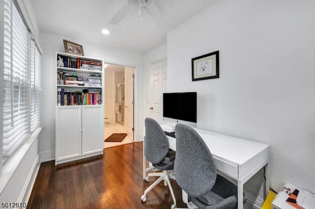 office area with a ceiling fan, dark wood finished floors, and recessed lighting
