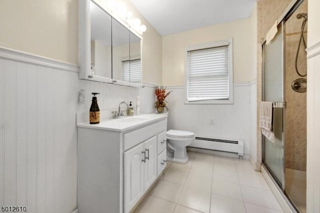 bathroom featuring a baseboard radiator, a wainscoted wall, a shower stall, toilet, and vanity
